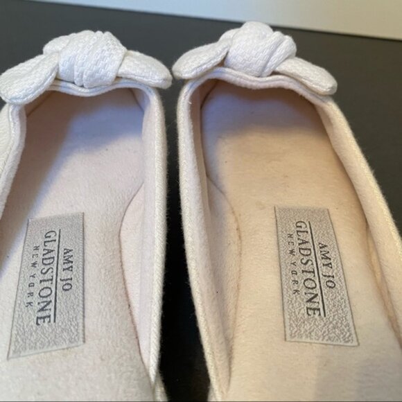 AMY JO GLADSTONE NEW SHOES SLIPPERS MULES WHITE TEXTURED FABRIC BOW - Picture 9 of 11